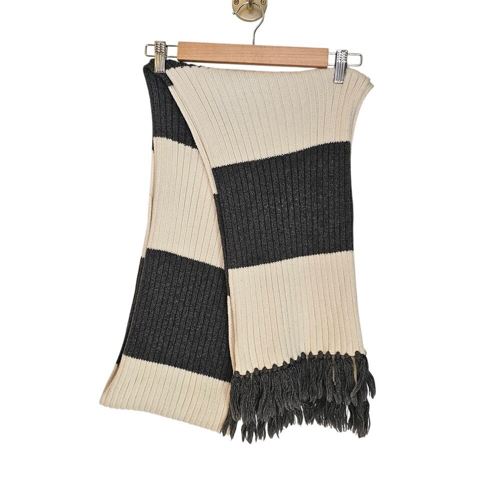 Lands' End Gray & Cream Striped Ribbed Knit Fringe Winter Scarf